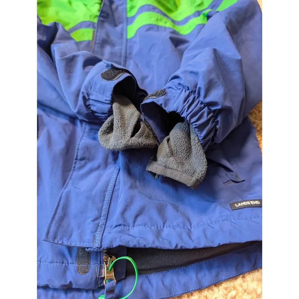 Lands' End Boys Blue Green Hooded Ski Jacket Waterproof Coat Grow-A-Longs F17